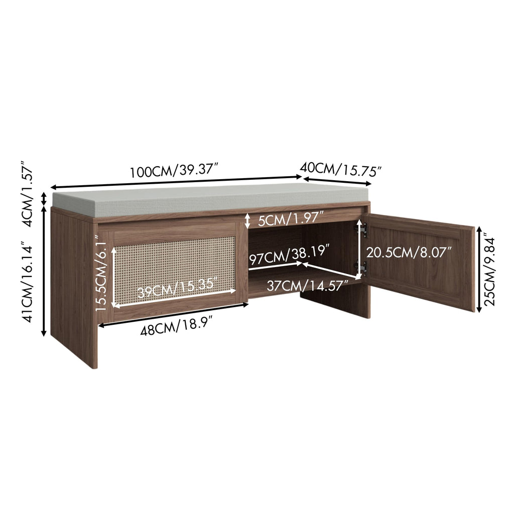 39.4" Shoe Storage Bench with Rattan Doors & Cushion, Natural