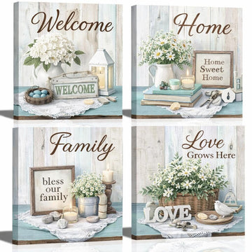 Family Wall Art Set of 4 Farmhouse Decor Welcome Home Family Love Quotes Pictures Prints Rustic Wood Background with