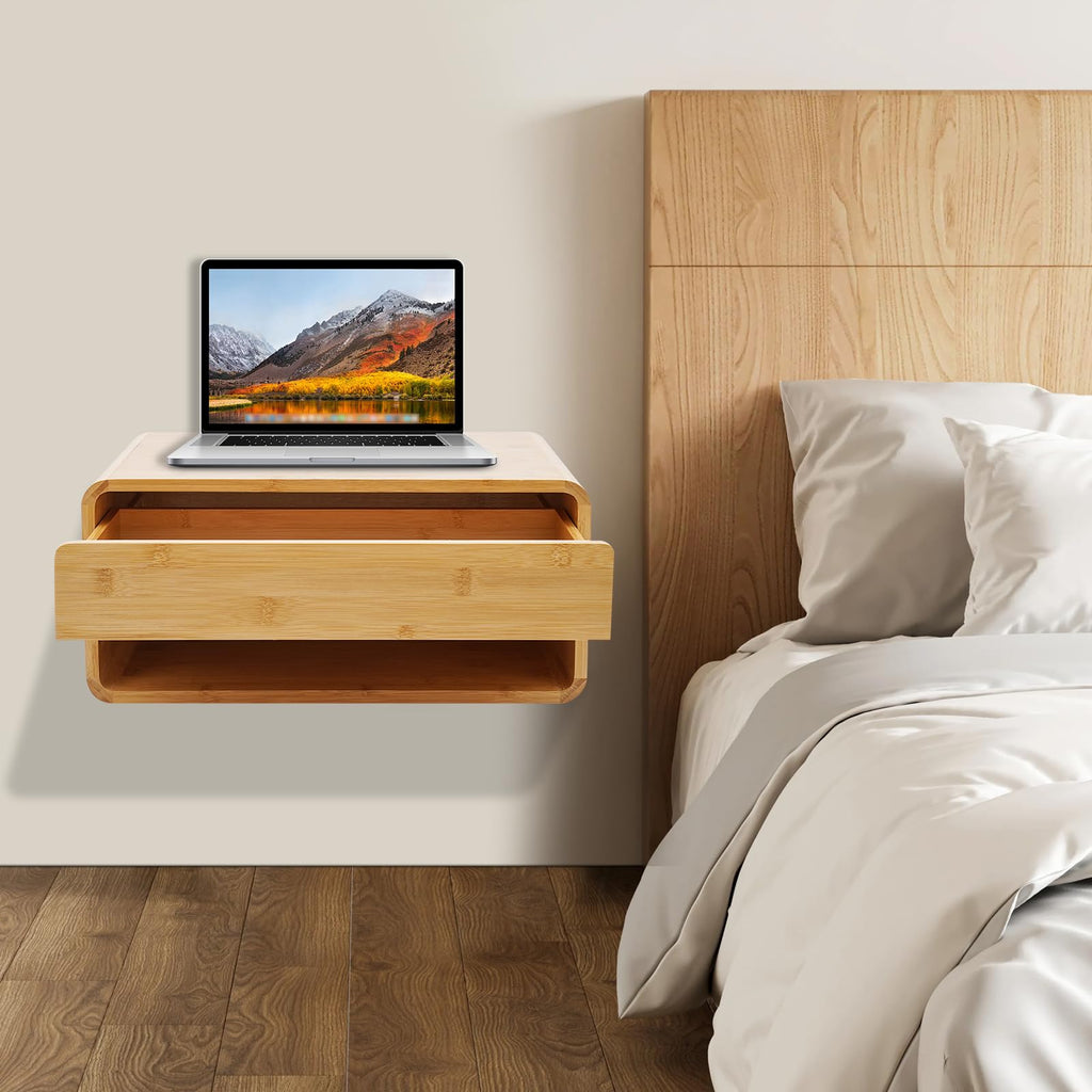 Bamboo Floating Nightstand with Storage Drawer, Wall Mounted Bedside Table End Tables with Open Shelf, Bedside