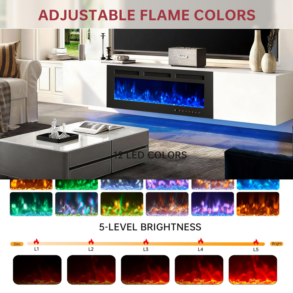 80" Floating TV Stand with 40" Electric Fireplace, Modern Entertainment Center with Storage, Adjustable 12-Color LED