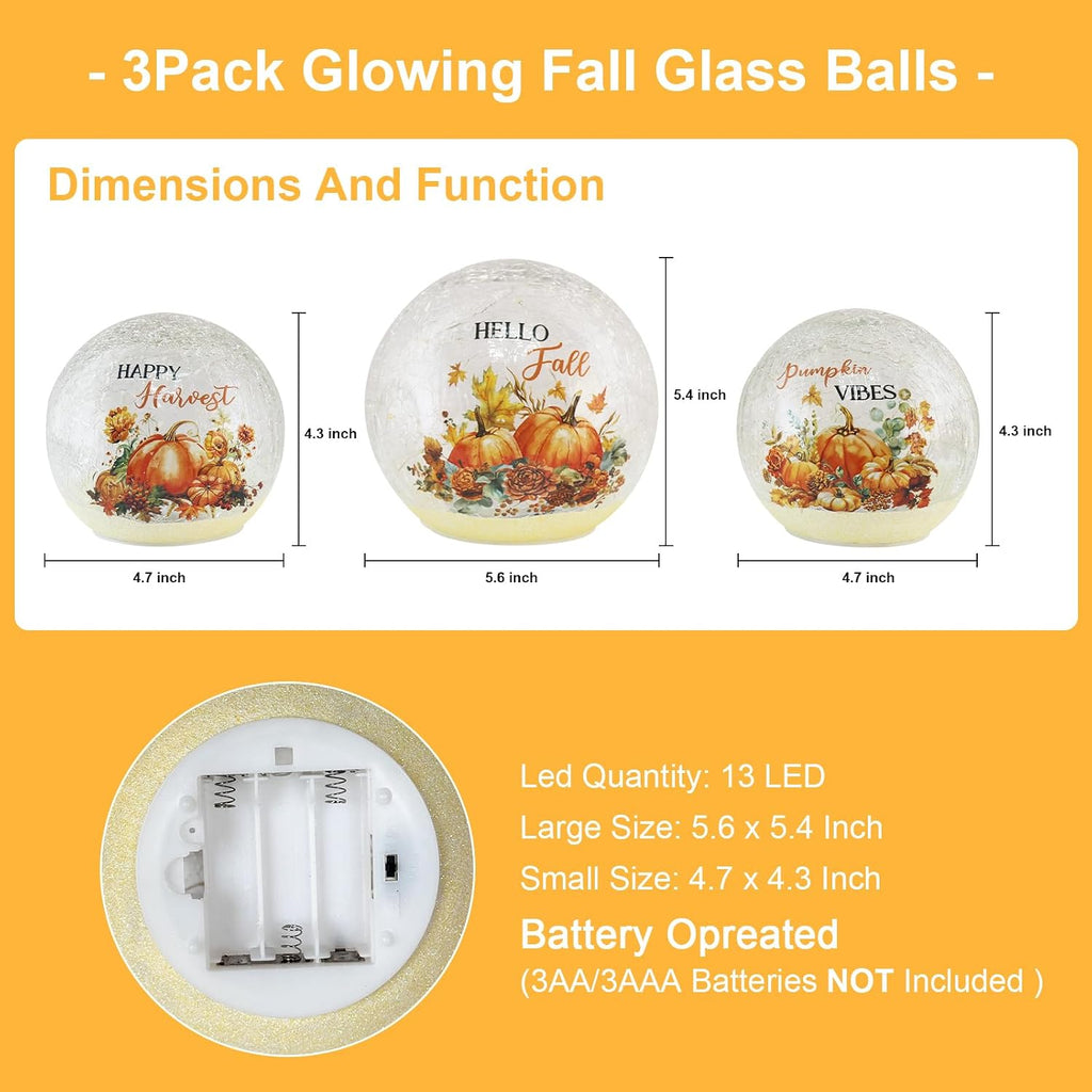 Fall Table Decor Sparkling Crackle Glass Ball with LED Lights Timer Pumpkin Gnomes for Thanksgiving Decor - Set of 3