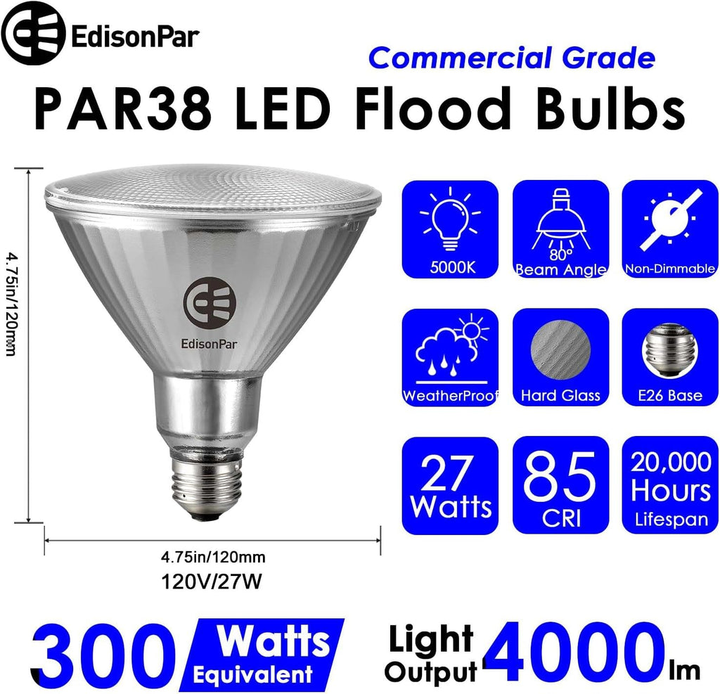 Full-Glass PAR38 LED Flood Light Bulbs Outdoor/Indoor Equivalent 300 Watt, 4000 Lumens Ultra Bright, Non-Dimmable
