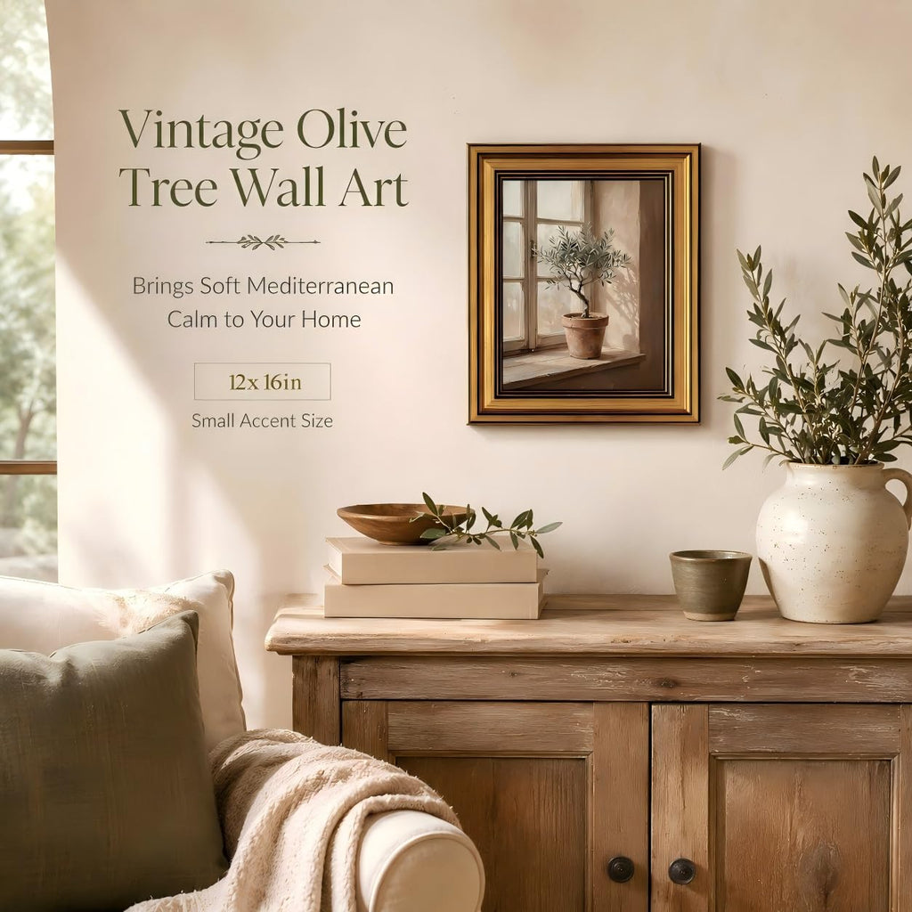 Gold Framed Wall Art, Vintage Olive Tree Canvas Prints - Farmhouse Mediterranean Window Botanical Pictures Decor