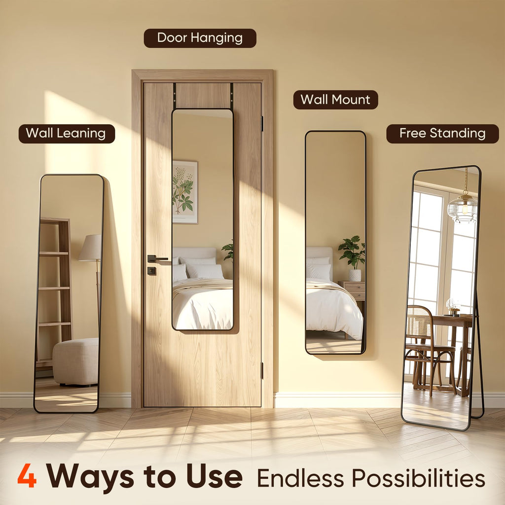 48"x14" Over the Door Mirror, Full Length Mirror with Stand, Black
