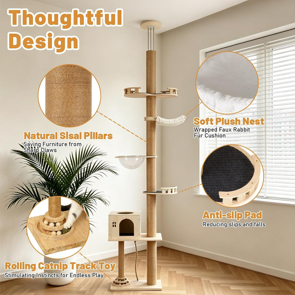 Floor to Ceiling Cat Tree, Tall Wood Pet Tower with Scratching Post