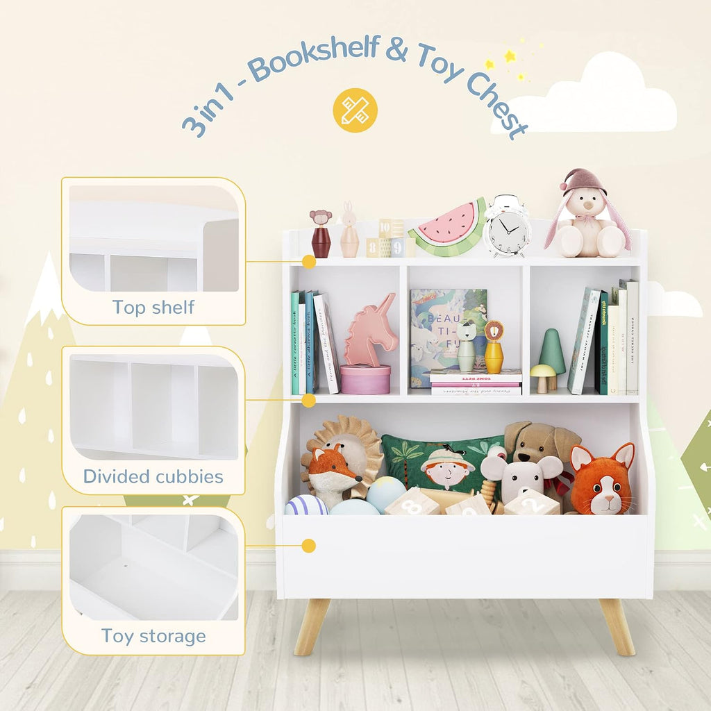 Kids Bookshelf and Toy Storage, 3-Tier Wooden Open Bookcase, Baby Book and Toy Storage Display Organizer with