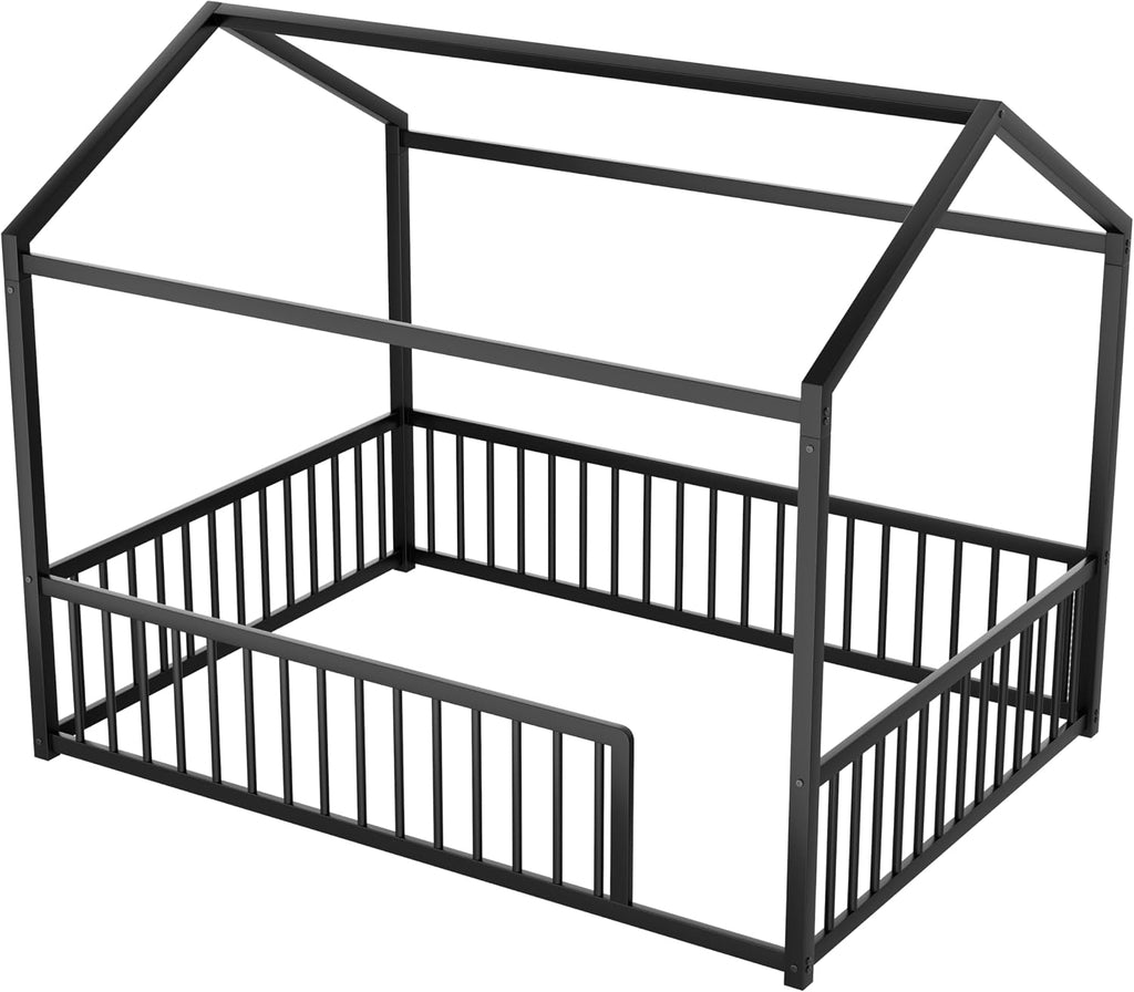 House Shape Montessori House Bed Metal Floor Bed Bed, Black