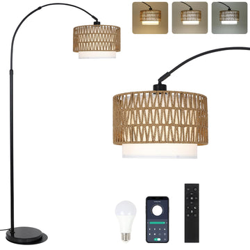 Arc Floor Lamp with Remote, Modern LED Floor Lamp with Dimmable Bulb, Boho Farmhouse Standing lamp with Fabric &