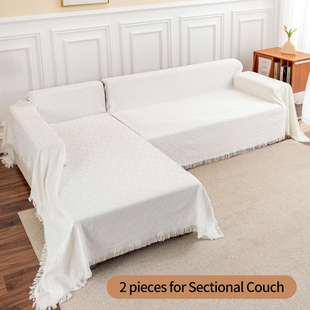 Sectional Couch Cover - Geometrical Jacquard Fabric Sofa Cover for 3 Cushion Couch, Dogs - Medium, 71" x 91", White