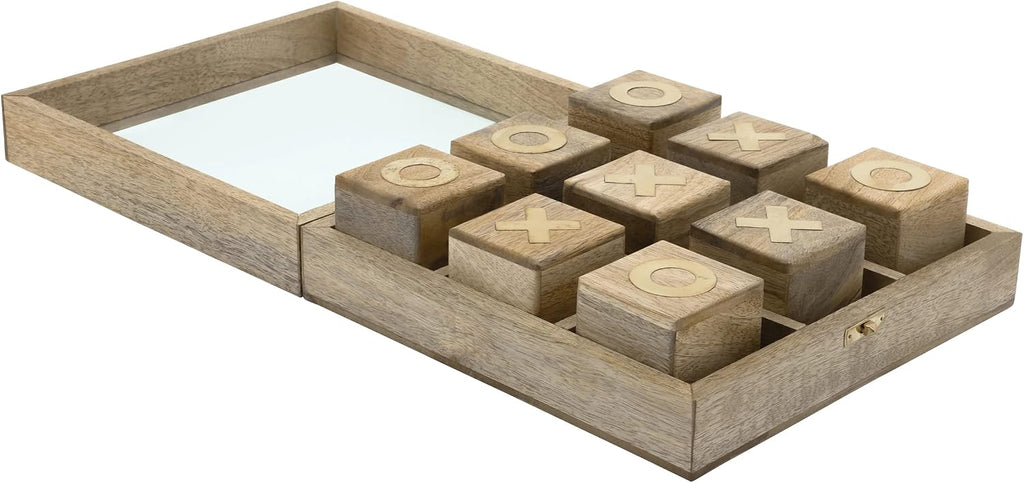 Tic Tac Toe Game Set - Handmade Wooden Board Game with Brass Inlay - Mango Wood & Glass - Casual Home Decor - Classic