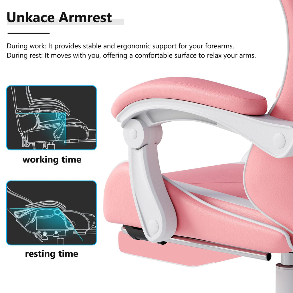 Gaming Chair with Headrest and Footrest, Pink