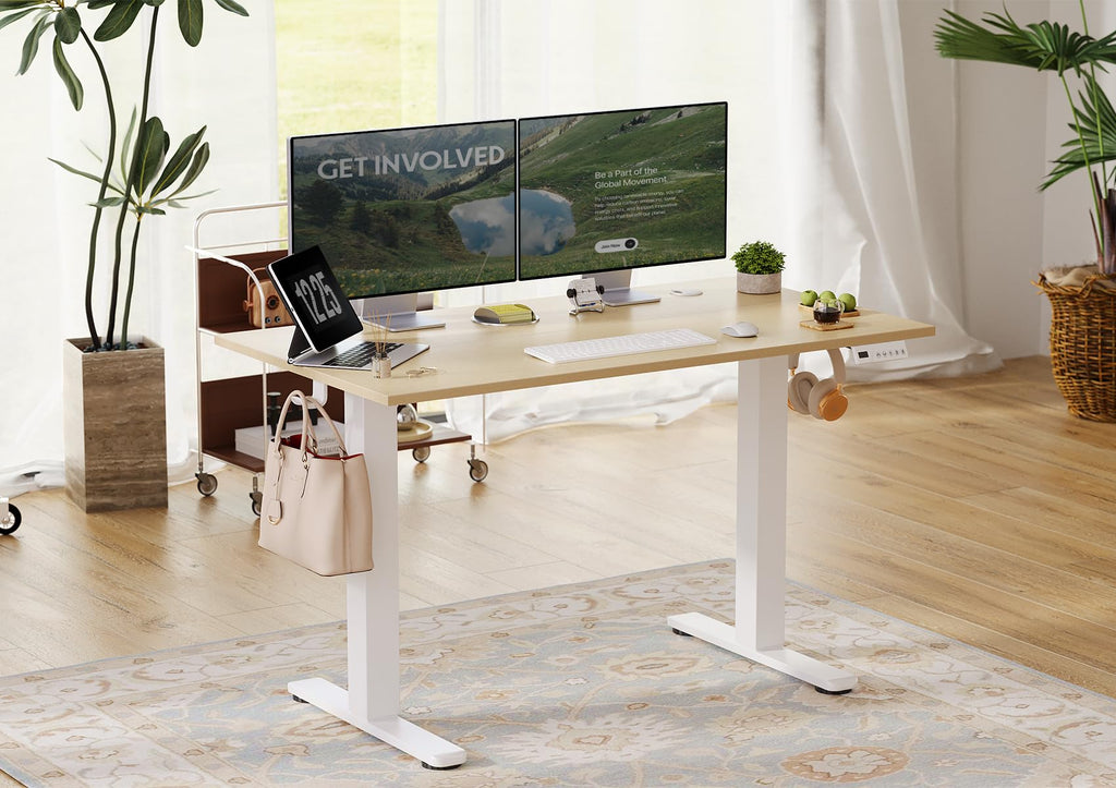 Electric Standing Desk Adjustable Height, 55 x 24 Inch Sit Stand Desk with T-Shaped Frame, 3 Memory Presets & Cable