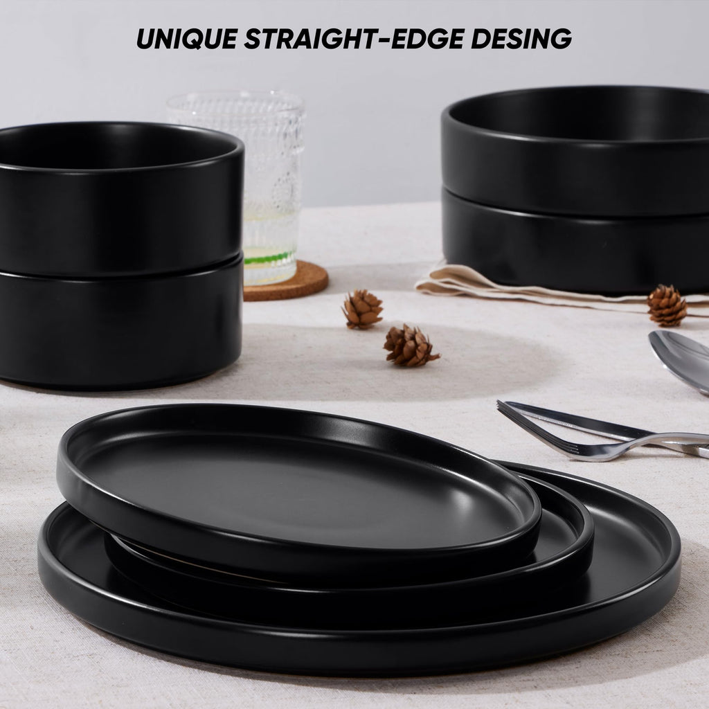 16-Piece Stoneware Dinnerware Sets with Pasta Bowls, Matte Black