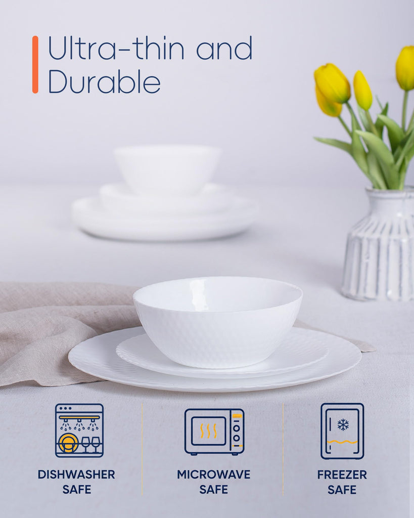 Dinnerware Sets for 4, 12 Piece White Opal Glass Dish Set