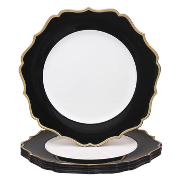 13" Scalloped White and Black Charger Plates with Gold Rim - Set of 6 Elegant Plastic Chargers for Dinner Plates
