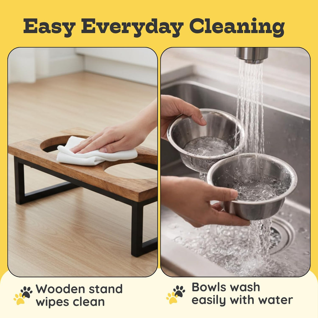 Elevated Dog Bowls, 4" Small Dogs & Cats Raised Bowl Mango Wood Stand, Food & Water 2 Stainless Steel Dishes Each