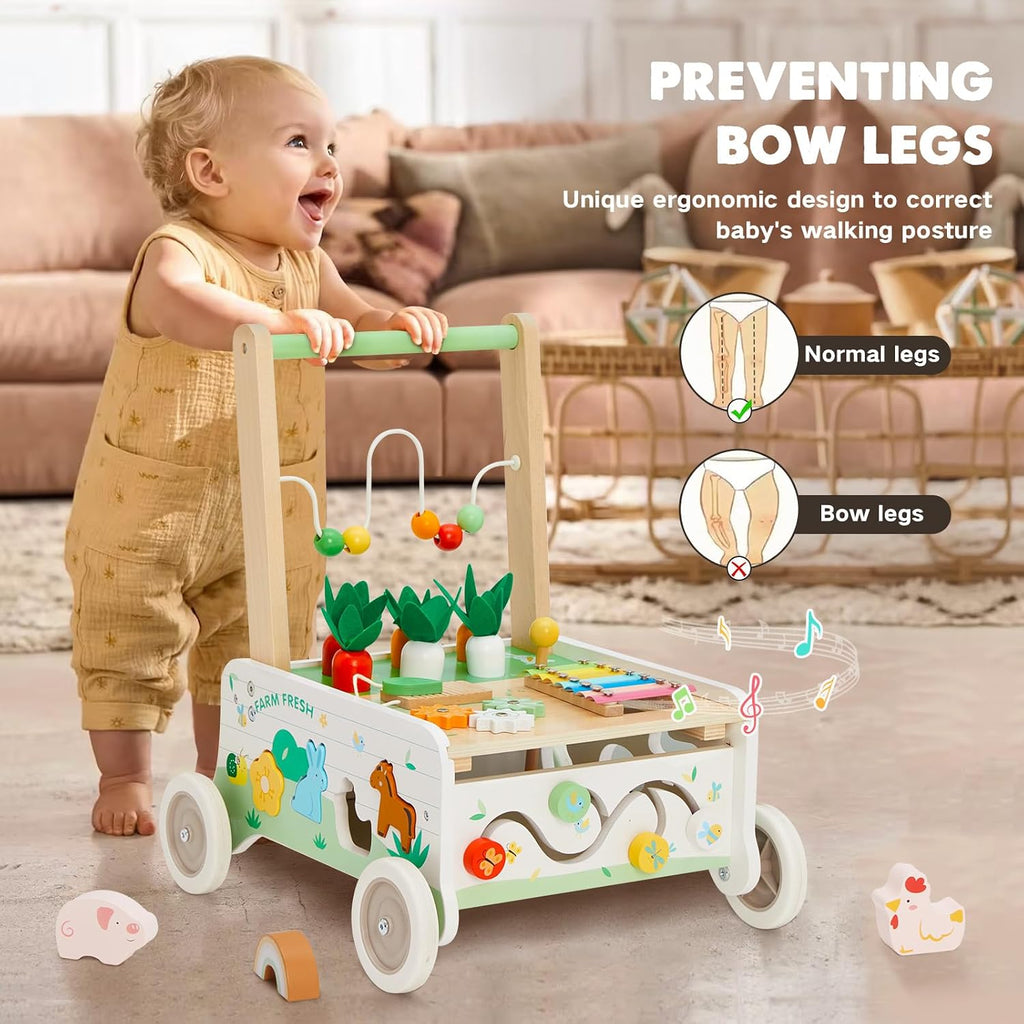 Wooden Baby Walker, Baby Push Walker with Wheels, Adjustable Speed