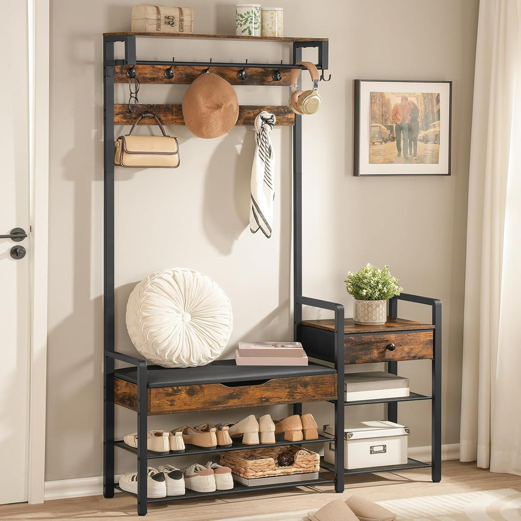 Hall Tree with Bench, Shoe and Coat Rack , Coat Rack with Bench, Flip Top Storage Box, PU Cushioned Seat, Non-Woven