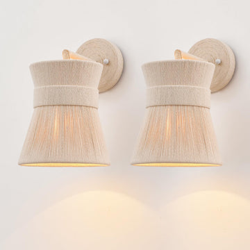 Set of Two Hand Woven Wall Sconces Boho Wall Lamp White Coastal Wall Lights for Bedside Hallway Vanity Stairway