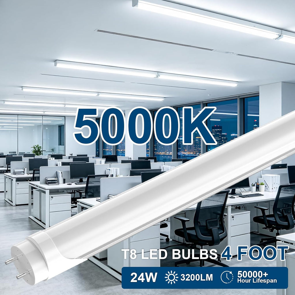T8 LED Bulbs 4 Foot, 24W 3200LM 5000K Frosted Type A+B, 2Pack