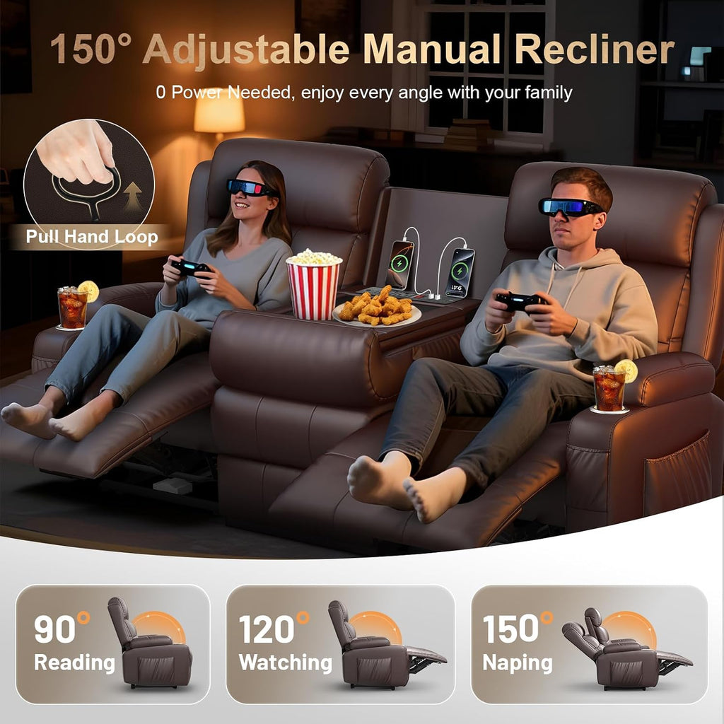 3-Seater Loveseat Recliner Sofa, Home Theater Seating Reclining Couch with Flip Middle Backrest