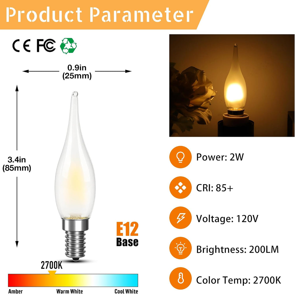 Frosted E12 25 Watt Candelabra LED Light Bulbs,2W 2700K Warm White 200LM