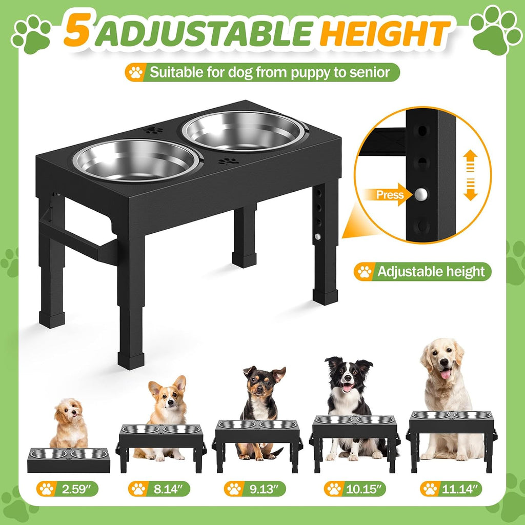 Elevated Dog Bowls, 4 Height Adjustable Raised Bowl Stand with 2 Stainless Steel 7" Food Feeder Bowls for Small