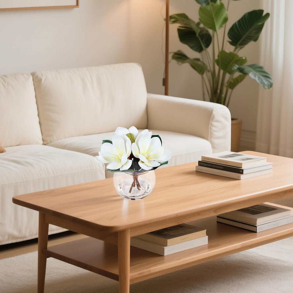 Artificial Magnolia Flowers with Vase White Fake Magnolia Flowers in Glass Vase with Faux Water Small Potted Flower