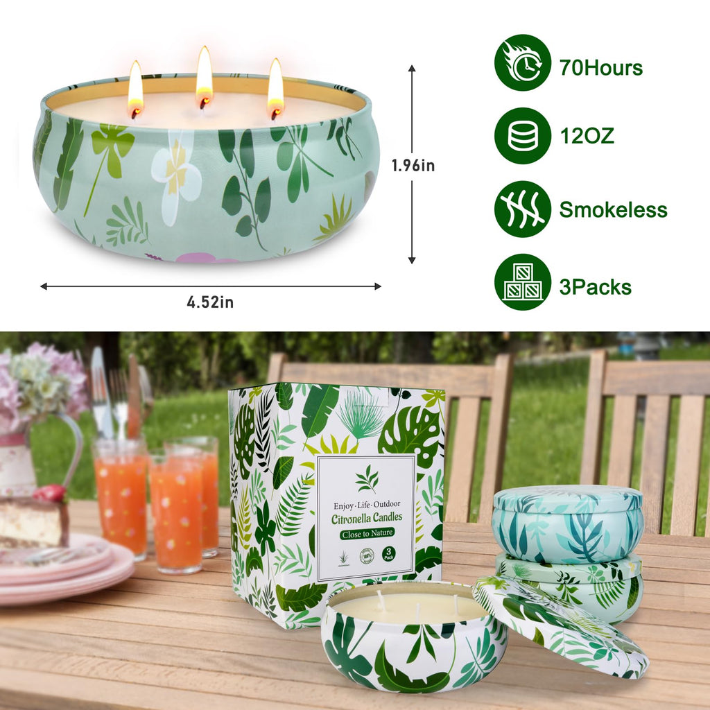 Citronella Candles Outdoor, 3-Wick Large Citronella Candles, 3 Packs Natural Soy Wax Summer Candle Set, 200 Hours