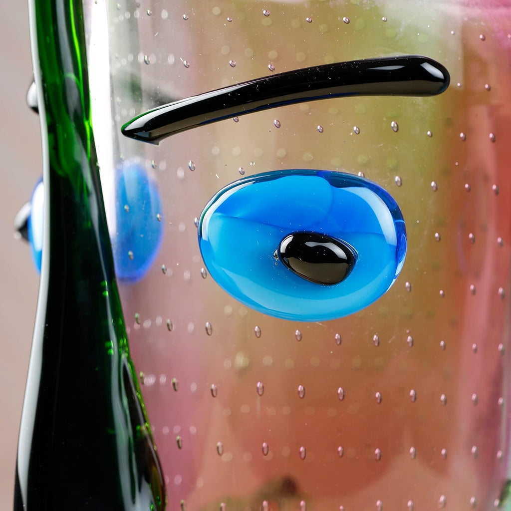 Hand Blown Murano Style Art Glass Vase with face, Multicolor, 14.57in Tall
