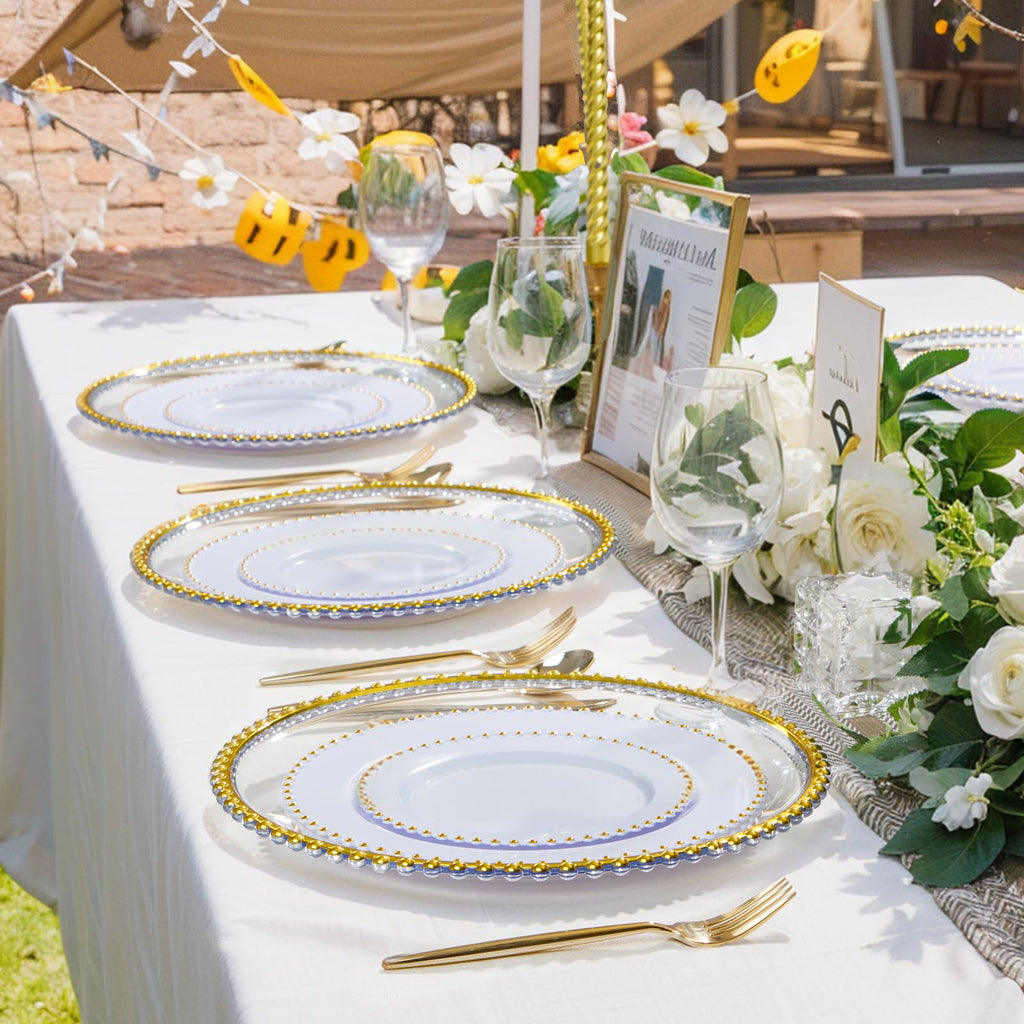 12Pcs 13" Clear Gold Beaded Rim Plastic Chargers for Dinner Plates