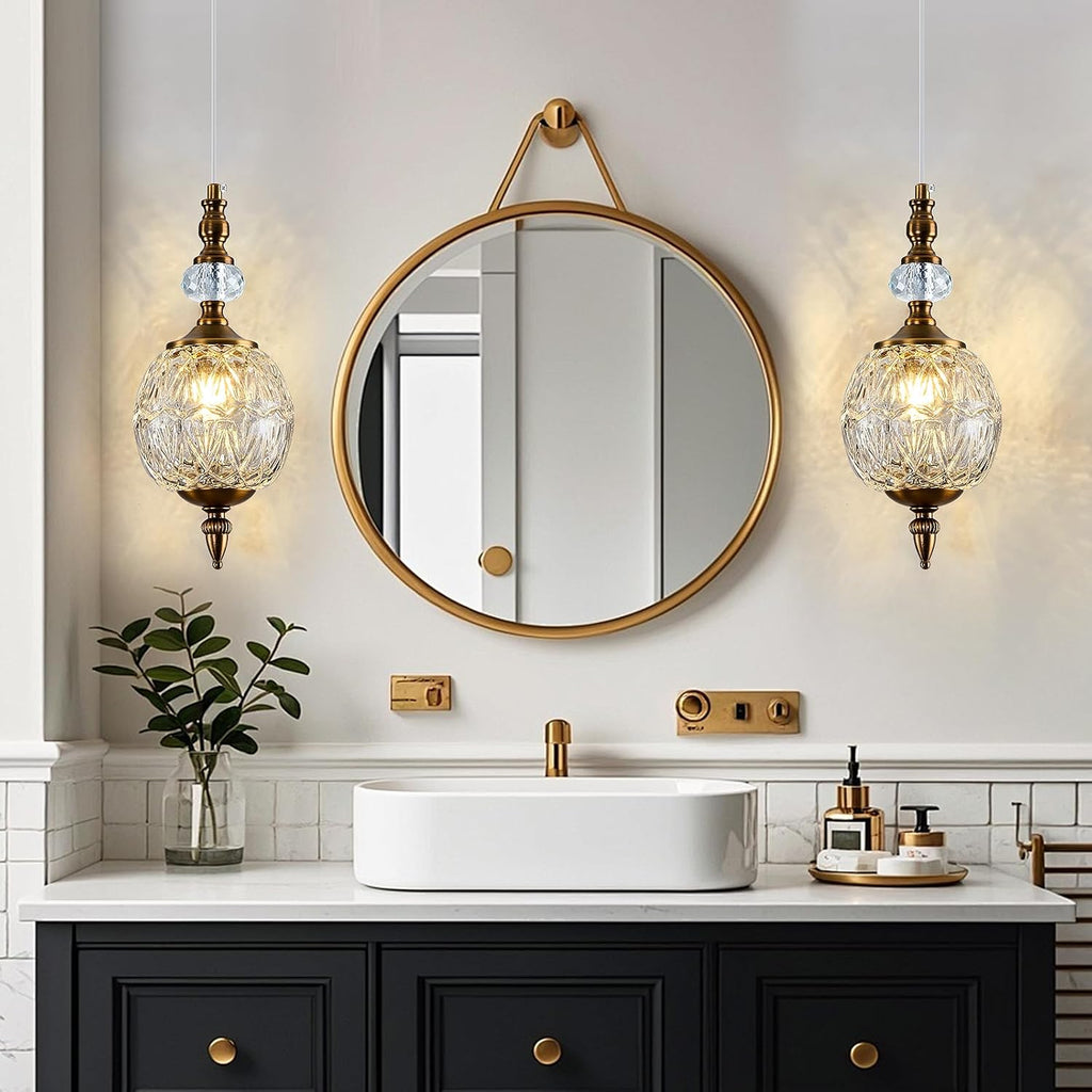 Vintage Glass Pendant Light Antique Brushed Gold Chandelier 4.72" Mini Adjustable Hanging Ceiling Light Fixture for Kitchen Island Farmhouse Dining Room Bedroom Foyer Entryway