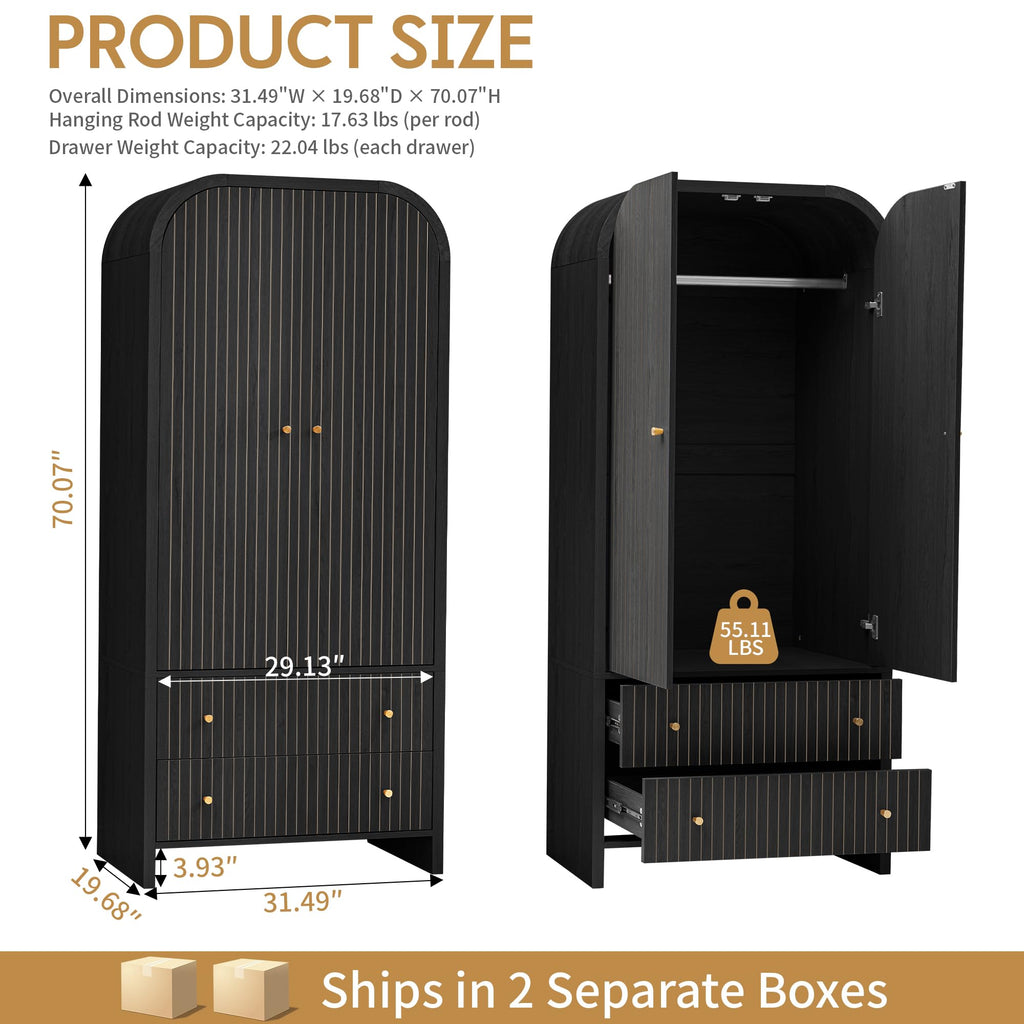 Arched Armoire Wardrobe Closet, Mid-Century Modern 2-Door Freestanding Wardrobe with Hanging Rod and 2 Drawers