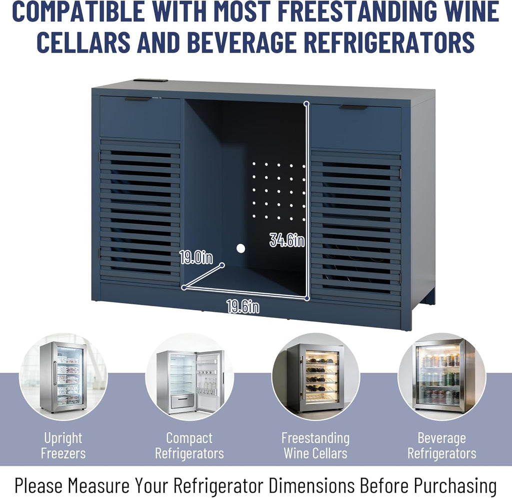 53.1" Coffee Bar Cabinet with Fridge Space and Power Outlets (Blue) | Mini Fridge Bar Cabinet, Wine Bar Cabinet with