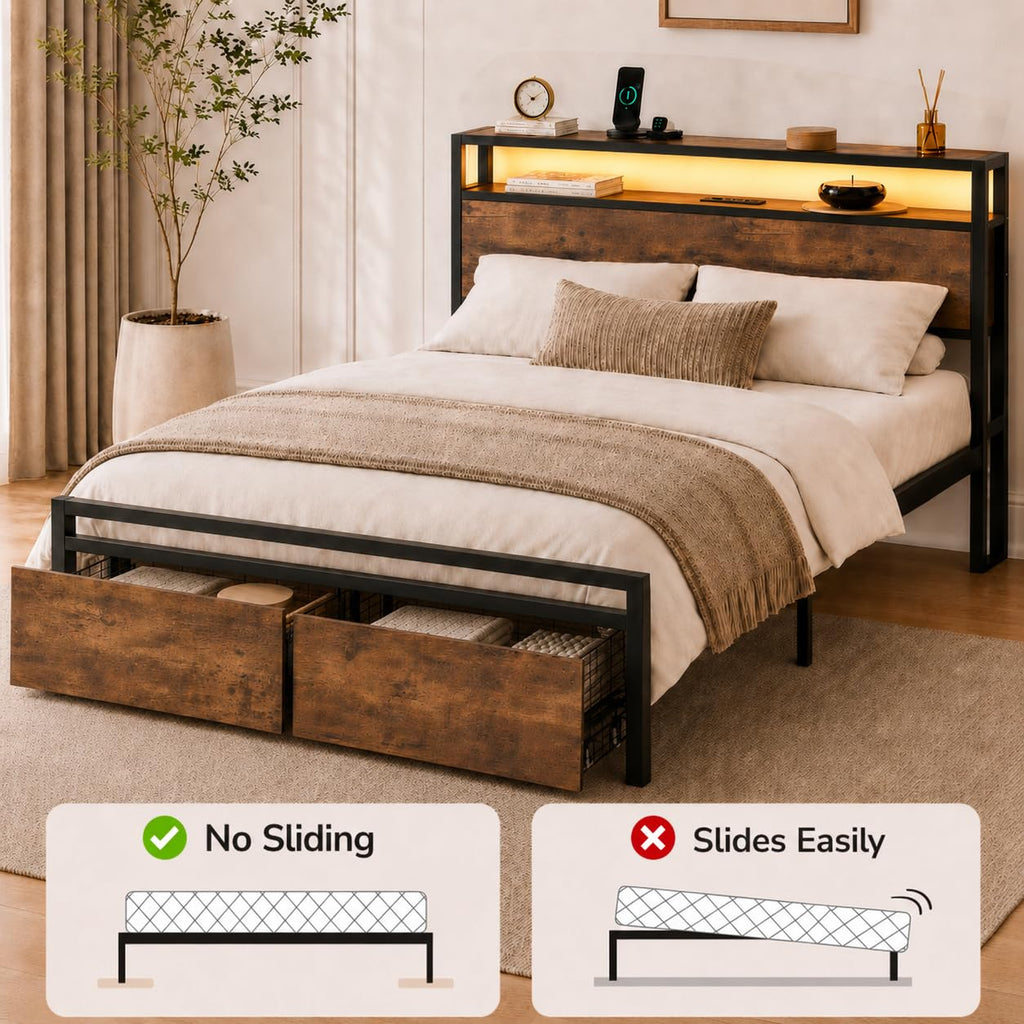 Full Size Bed Frame with Storage Drawers, Bed Frame Full Size with Headboard, LED Light, Charging Station with 3 USB