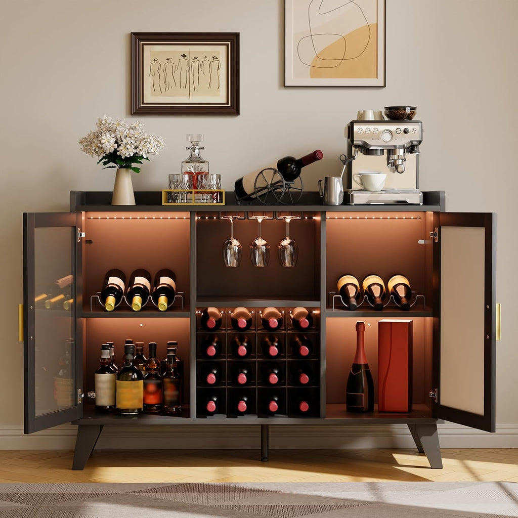 47" Wine Cabinet with LED Light, Living Room Compact Wine Bottle Storage , Wine Bar Cabinet with Glasses Rack