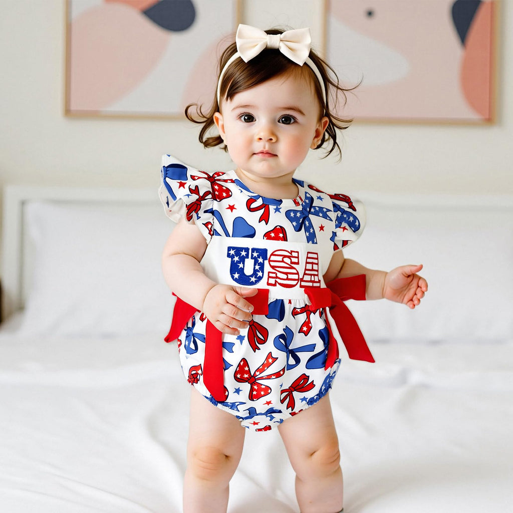 My First 4th of July Baby Girl Outfit Infant Smocked Bubble Romper Fly Sleeve Embroidery Flag Newborn Summer Clothes