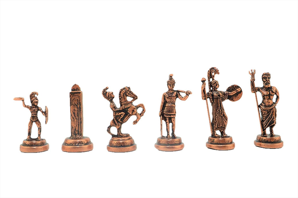 Metal Chess Set for Adults Greek Zeus Antique Copper Figures,Handmade Pieces and Marble Design Wooden Chess Board