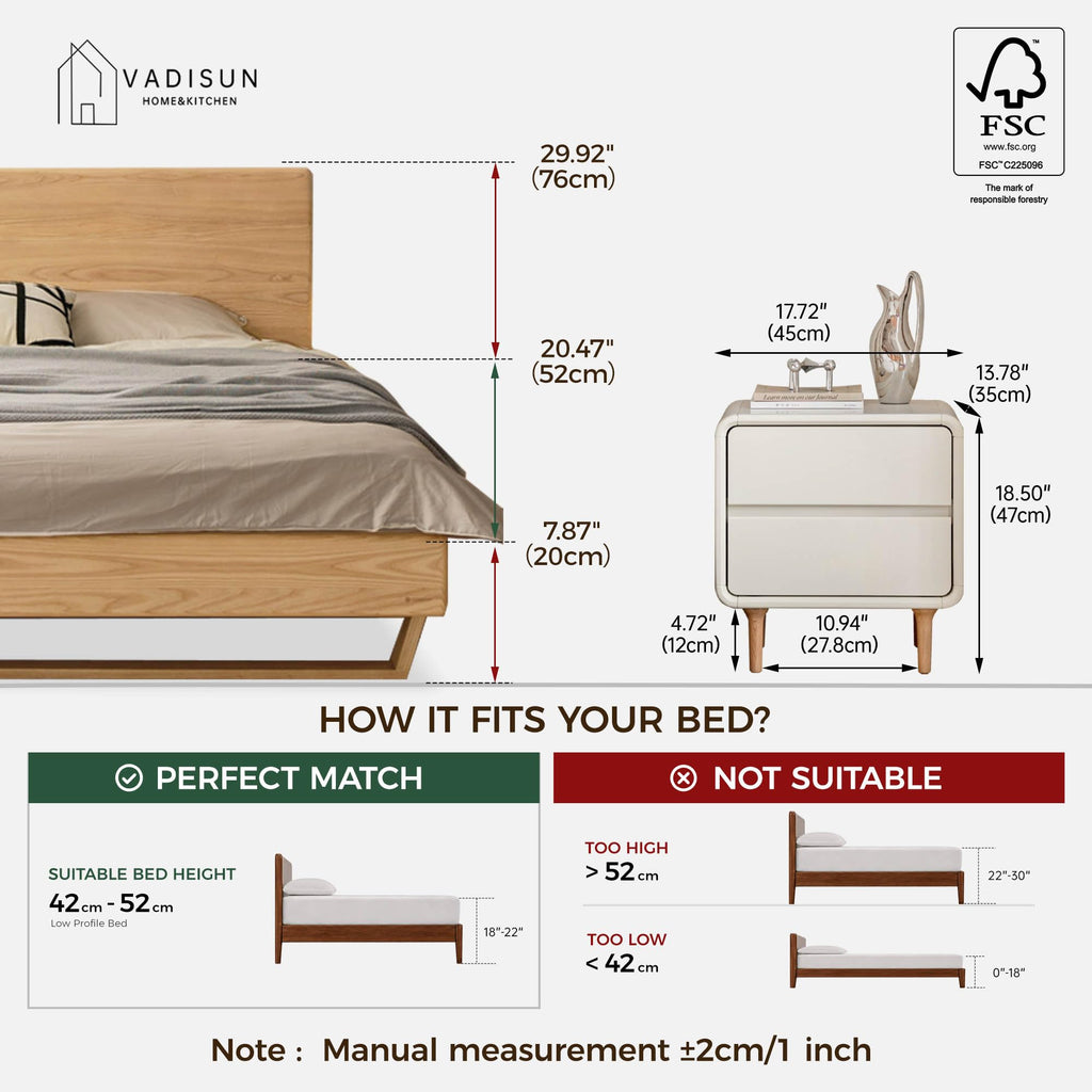 White Wood Nightstand, Solid Wood Night Stand with 2 Drawers, Small
