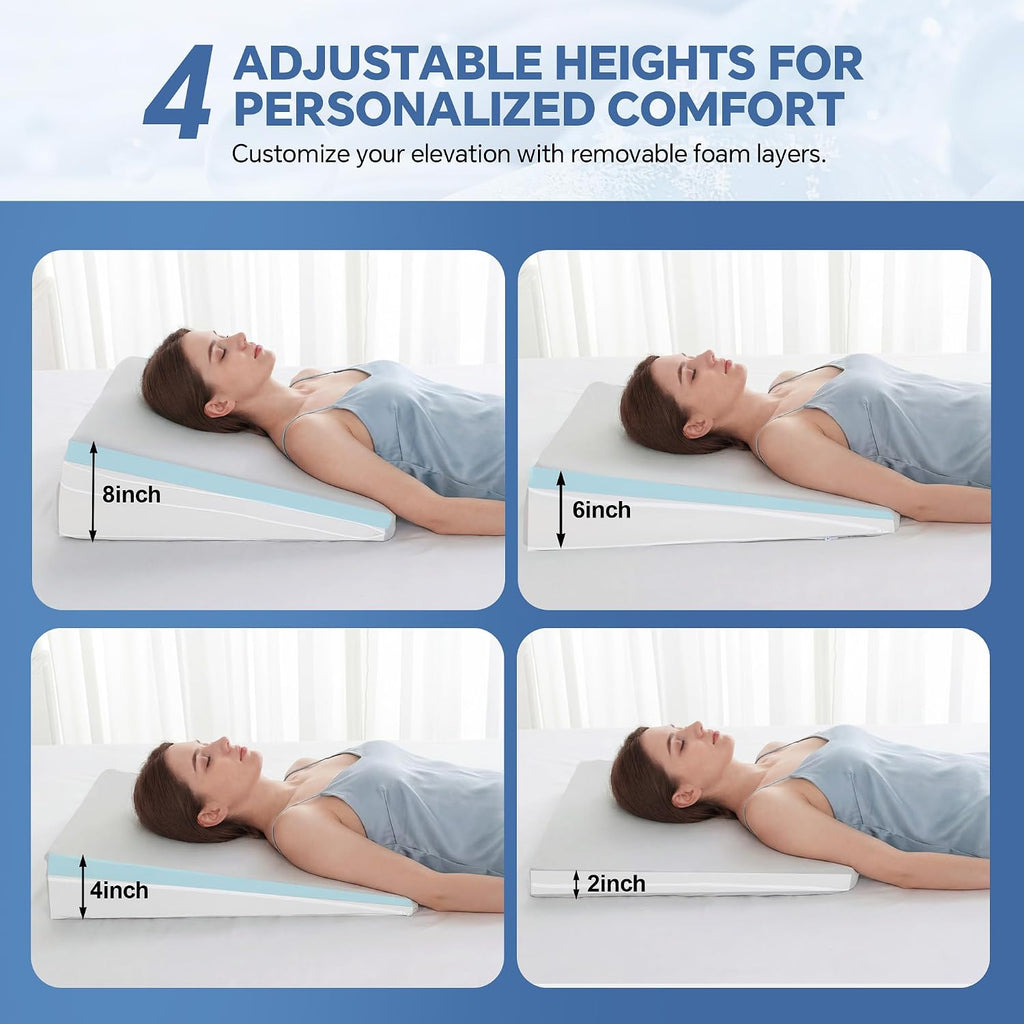 Adjustable Wedge Pillow, Q-max 0.35 Cooling Cover, 4 Heights Incline Pillow | 4 Adjustable Heights (2,4,6,8in)