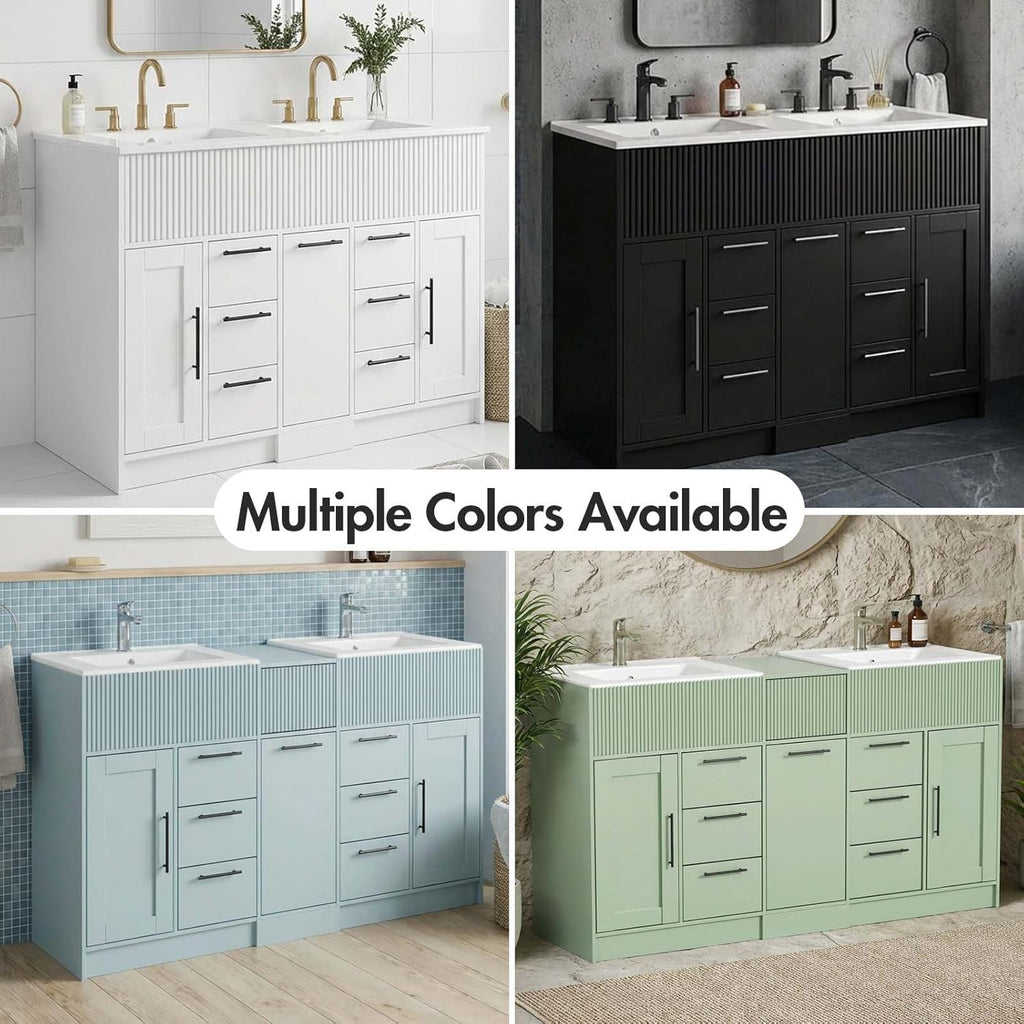 60 Inch Bathroom Vanity with Double-Sink, Freestanding Modern Bathroom Vanity Cabinet with Ceramic Basin