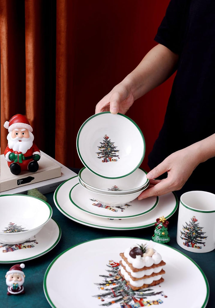 16 Piece Christmas Dinnerware Sets with Green Edge, Christmas Tree Porcelain Dinnerware Set for Xmas (4 * 10.5 Inch