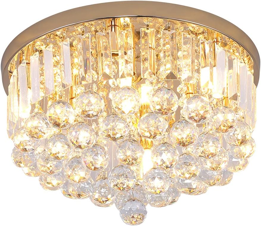 Mini Crystal Chandelier Ceiling Light,Flush Mount Modern Round K9 Crystal Raindrop Ceiling Lighting Fixture for