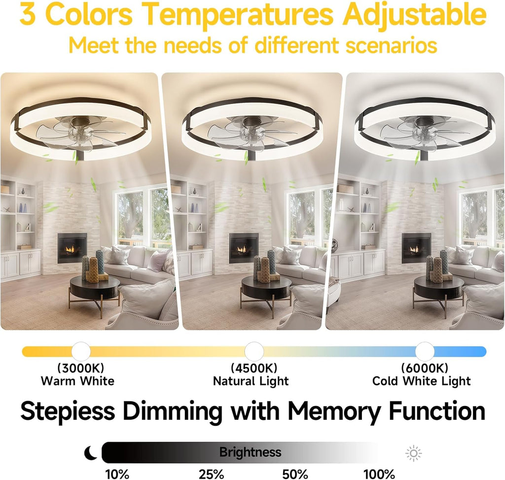 Black Ceiling Fan with Lights and Remote, 20'' Low Profile Ceiling Fan with light with 6 Speeds & 3 Color