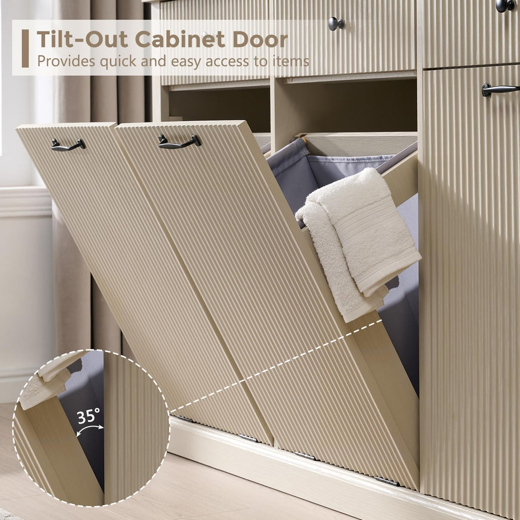 Triple Tilt Out Laundry Hamper Cabinet, Trash Can Cabinet, Cream