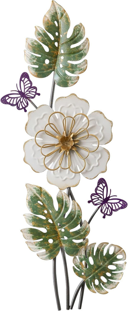 3D Metal Wall Decor 23 X 8 Inch, Flower, Butterfly and Leaves