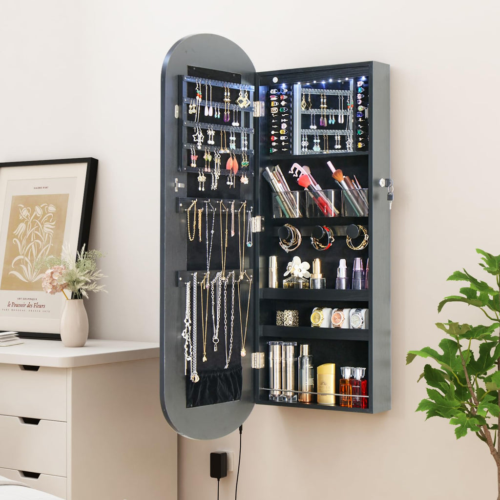 Mirror Jewelry Armoire Cabinet Organizer Wall Mounted Over the Door Black