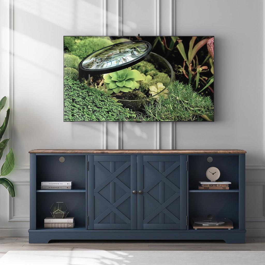 70 Inch Navy TV Stand, Farmhouse Rustic Media Console with Storage