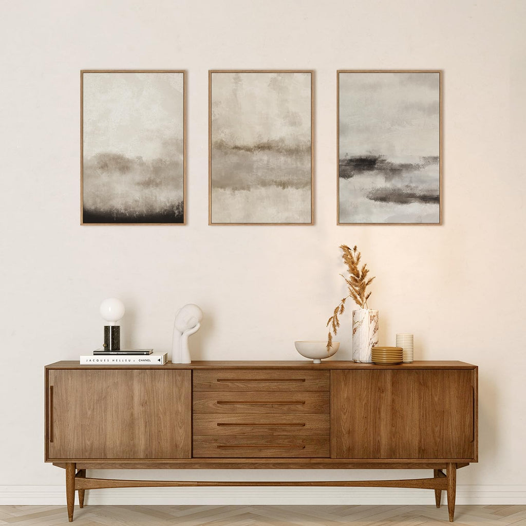 Large Abstract Framed Canvas Wall Art Set,Minimalist Beige Gray Pastel Watercolor Wall Decor,Modern