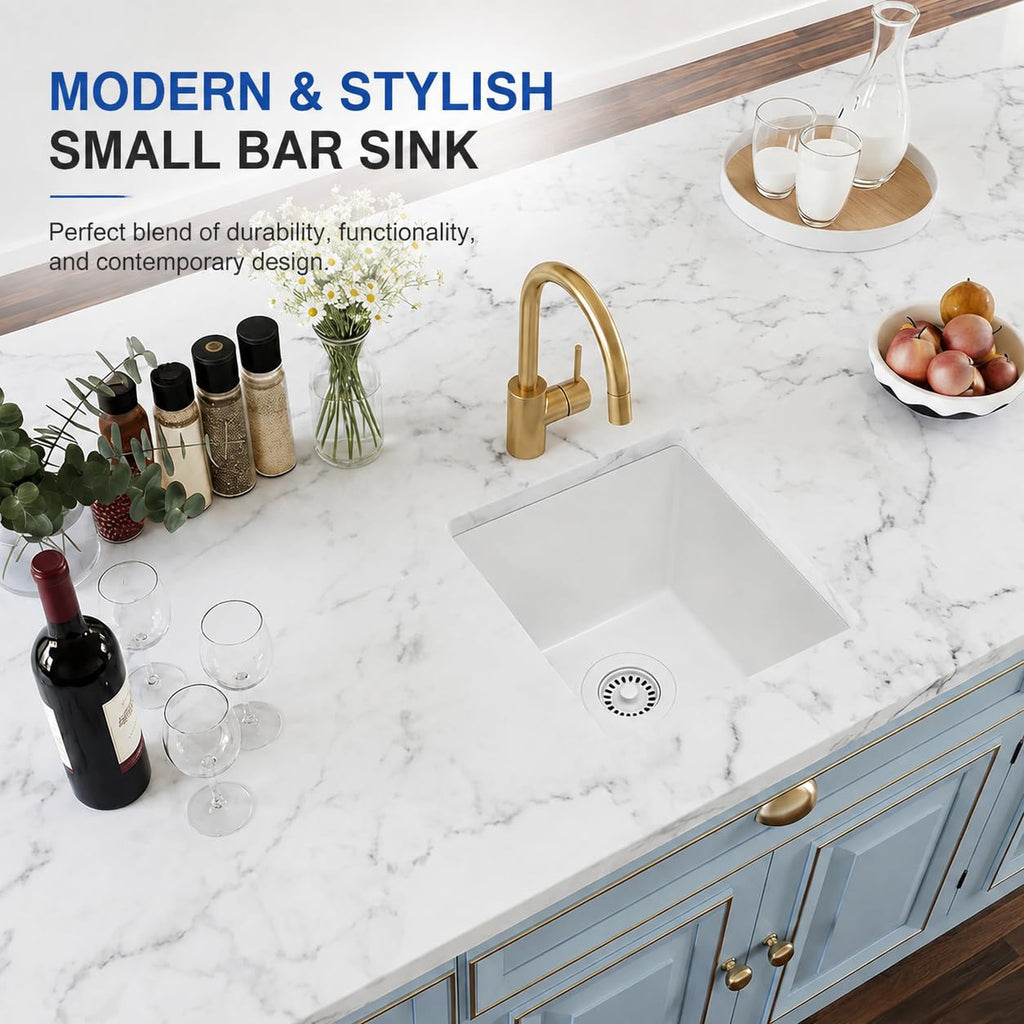 White Bar Sink, 13" x 15" x 10" Undermount Granite Composite Kitchen Sink
